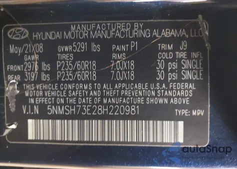 2008 Hyundai Santa Fe Limited/Se from USA, damaged, VIN 5NMSH73E28H220981